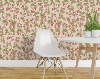 Strawberry Peel and Stick Wallpaper - Watercolor Botanical Cottagecore Garden - Removable Wall Decor Art - Strawberry Summer by beholden