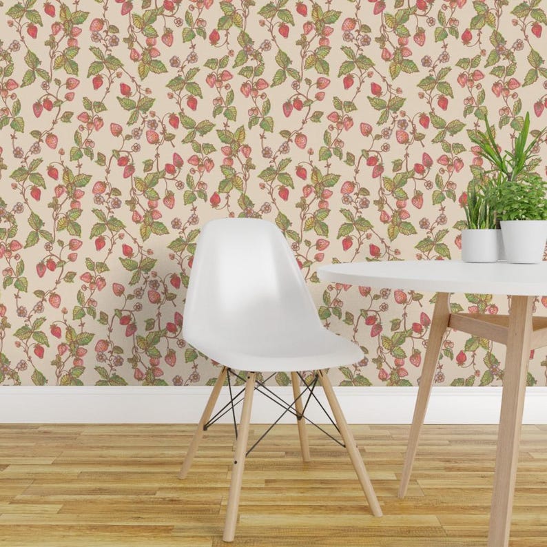 Strawberry Peel and Stick Wallpaper - Watercolor Botanical Cottagecore ...