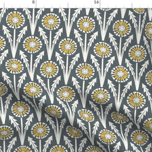 May include: A repeating pattern of stylized yellow and white dandelions on a dark gray background.