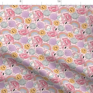 May include: A pink and white seamless pattern featuring a variety of summer-themed icons, including pink flamingos, rainbows, seashells, smiley faces, and beach balls.