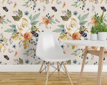 Autumn Floral Wallpaper - Western Autumn Florals Ivory By Shopcabin - Custom Printed Removable Self Adhesive Wallpaper Roll by Spoonflower