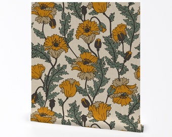 Vintage Floral Wallpaper - Joon Poppy Bright by holli_zollinger - California Poppy Removable Peel and Stick Wallpaper by Spoonflower