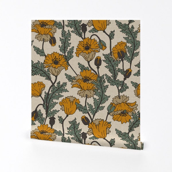 Vintage Floral Wallpaper - Joon Poppy Bright by holli_zollinger - California Poppy Removable Peel and Stick Wallpaper by Spoonflower