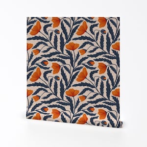 Botanical Removable Peel and Stick Wallpaper - Chintz Florals Vines - Wall Art Wall Decor - Poppy Flower Blue And Orange by denesannadesign