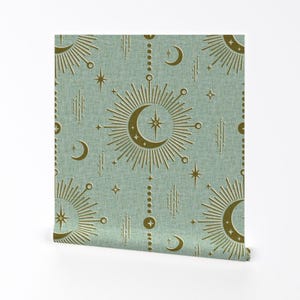 Stars Wallpaper - Celestial Talismans By Studioxtine - Mint Green Starburst Sun Moon Removable Self Adhesive Wallpaper Roll by Spoonflower