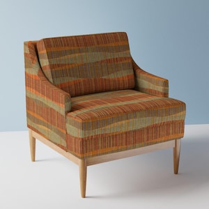 May include: A brown and orange striped armchair with wooden legs. The chair has a mid-century modern design.