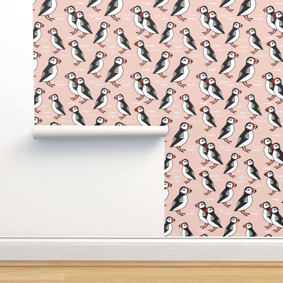 Puffin Wallpaper Puffin Pink Blush Kids Fish Birds by Andrea - Etsy