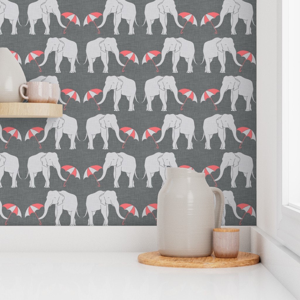 Elephant Wallpaper Elephant and Umbrella Coral by Holli - Etsy