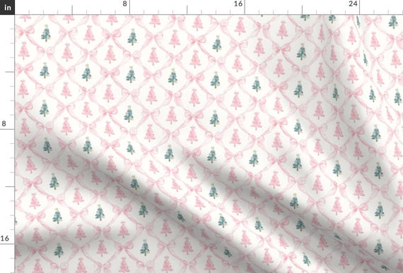 Cottagecore Fabric - Coquette Christmas Trees by gentleechoes - Christmas Bows Pink And Green Preppy Mini Fabric by the Yard by Spoonflower