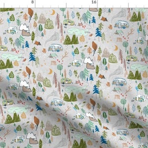 Camping Fabric - Happy Camper Grey Med By Nouveau Bohemian - Woodland RV Camping Nature Trees Mts Cotton Fabric By The Yard With Spoonflower