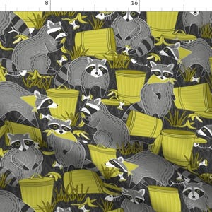 Raccoon Fabric - Trash Panda By Nanshizzle - Gray Yellow Kids Animals Nighttime Forest Trashcans Cotton Fabric By The Yard With Spoonflower