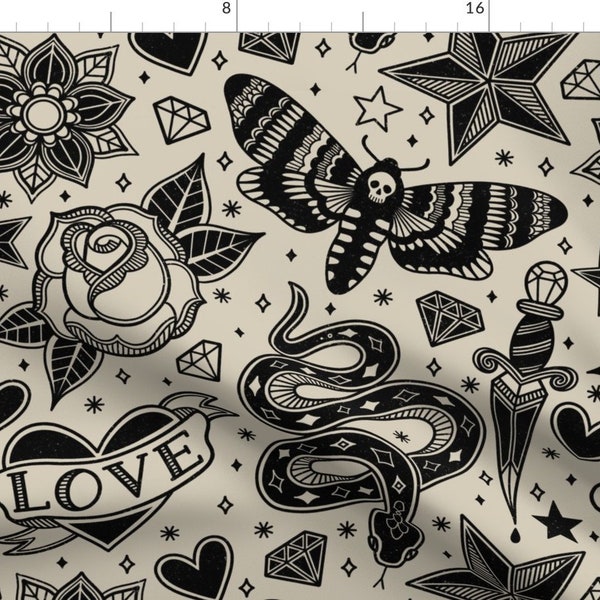 Neo Traditional Tats Fabric - Tattoo Flash by alicegillustration - Black White Vintage Star Dagger Moth  Fabric by the Yard by Spoonflower