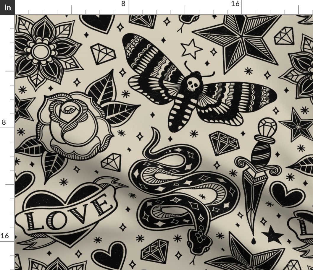 Large Scale Tattoo flash black and White Fabric