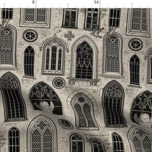 May include: A seamless pattern featuring a repeating design of black and white gothic style windows with intricate details. The windows are set against a light beige background.
