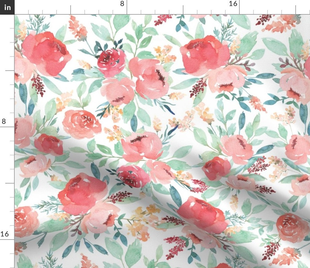 Pink Watercolor Floral Fabric Small Watercolor Flowers on White by