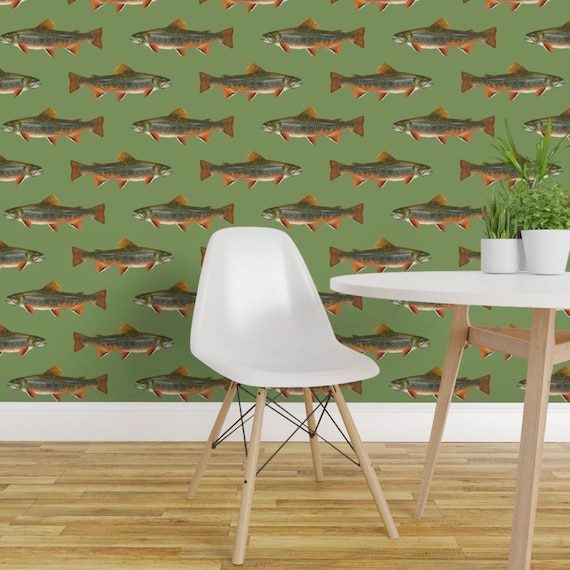 Fish Wallpaper - Brook Trout By Weavingmajor - Vintage Green Cabin Lodge Mountains Removable Self Adhesive Wallpaper Roll by Spoonflower