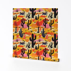 Carta da parati rimovibile e adesiva Sunset Desert - Paesaggio di cactus Bold Southwest - Decorazione murale - Cactus del deserto autunnale di web_and_hen