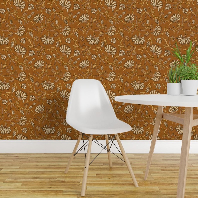 Floral Wallpaper - Kalami Floral Mustard By Holli Zollinger - Linen Look Custom Printed Removable Adhesive Wallpaper Roll by Spoonflower image 1