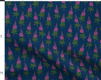 Pink Fireweed Fabric - Spring Fireweed By Aspen Redesign - Bright Pink Wildflowers on dark Blue Cotton Fabric By The Yard With Spoonflower