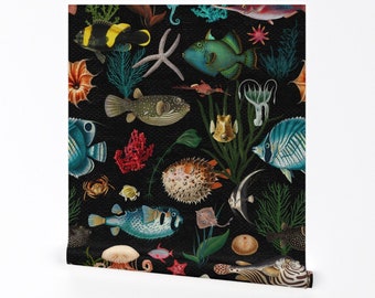 Ocean Fish Wallpaper - Oceania In Black By Delinda Graphic Studio - Jumbo Sea Life Removable Self Adhesive Wallpaper Roll by Spoonflower