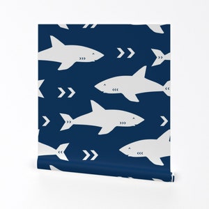 Sharks Wallpaper - Navy Blue Sharks White By Charlottewinter- Boy Decor Custom Printed Removable Self Adhesive Wallpaper Roll by Spoonflower