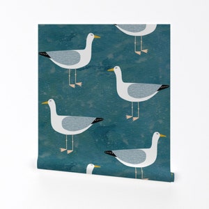 Seagull Wallpaper - Seagulls By Nicsquirrell - Seagull Ocean Bird Teal Custom Printed Removable Self Adhesive Wallpaper Roll by Spoonflower