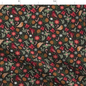 May include: A black background with a repeating pattern of red cardinals, robins, pine cones, holly, candy canes, and snowflakes.