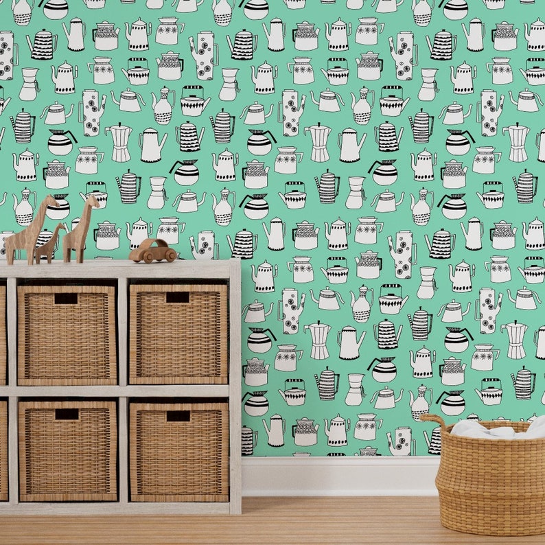 Teapot Wallpaper Coffee and Teapots Vintage Mint by Andrea - Etsy