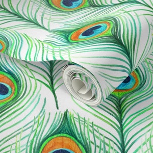 Peacock Wallpaper Emerald Watercolor Peacock Feathers on - Etsy