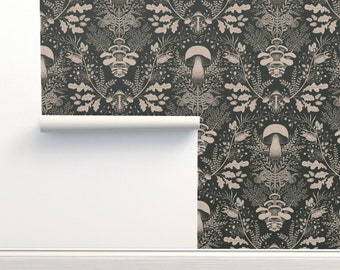 Woodland Wallpaper - Mushroom Forest Damask By Denesannadesign - Gray Beige Leaves Removable Self Adhesive Wallpaper Roll by Spoonflower