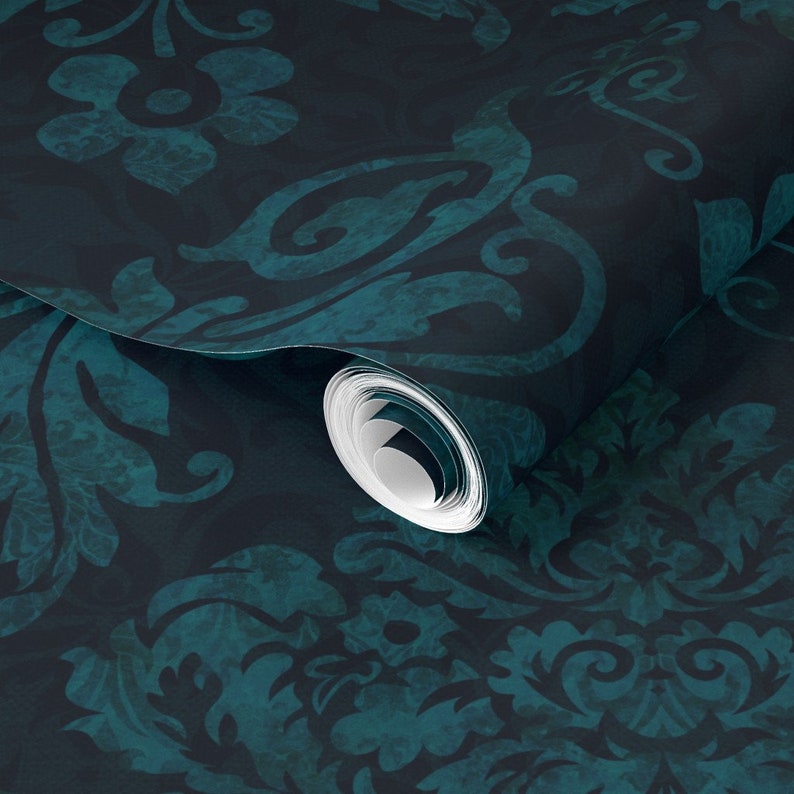 Dark Teal Damask Wallpaper Victorian Damask by Etsy