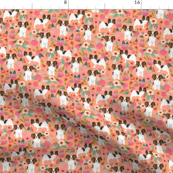 Coral Papillon Dog Fabric - Papillons Floral Peach Pet Dogs Fabric Best Papillon By Petfriendly - Cotton Fabric by the Yard with Spoonflower