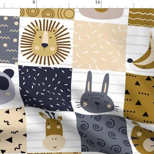 May include: A patchwork fabric design featuring various animal illustrations, including a lion, panda, rabbit, and giraffe. The fabric is in a white, grey, and brown colour scheme with geometric patterns.