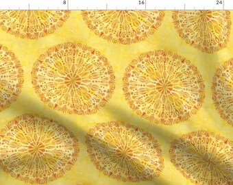 May include: A seamless pattern featuring yellow and orange mandala designs on a yellow background. The mandalas are intricate and detailed, with a variety of shapes and patterns.