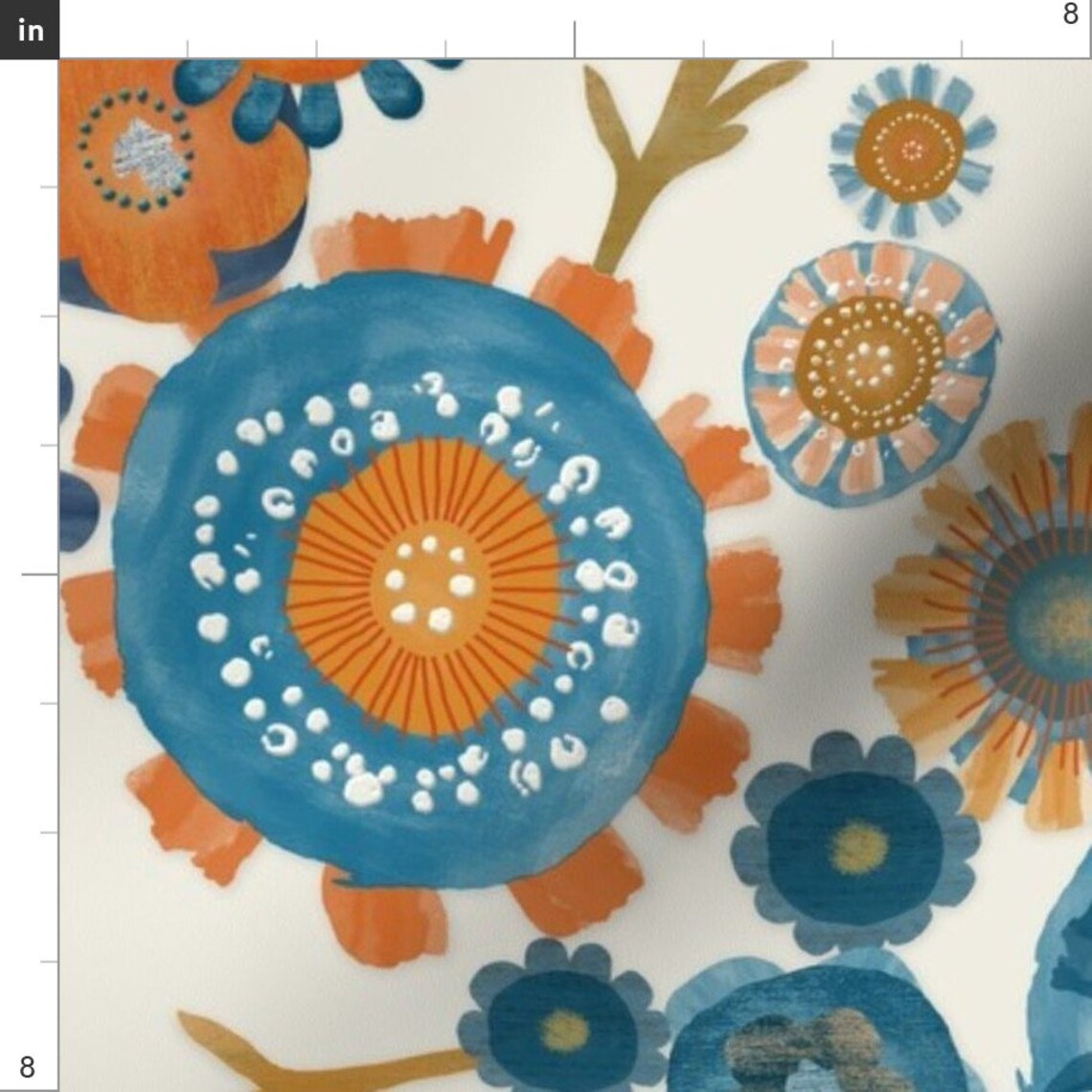 Orange and Blue Abstract Flowers Fabric Modern Chintz by Etsy