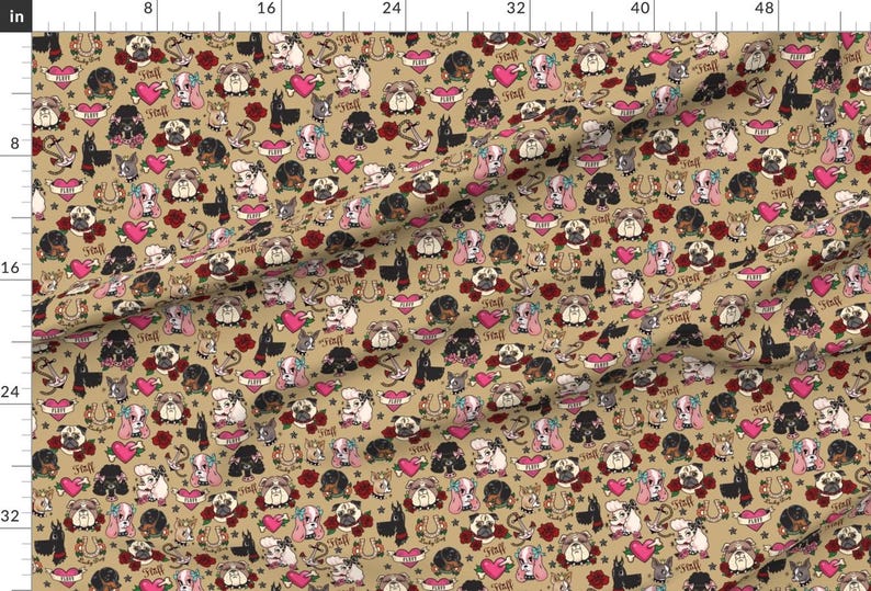 Dogs Fabric - Tattoo Pooch- Tan - Large By Miss Fluff - Dog Heads Tattoos Anchor Hearts Horseshoe Cotton Fabric By The Yard With Spoonflower 画像 2