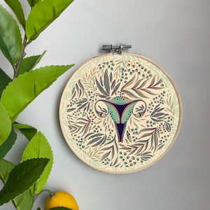 Female Embroidery Template on Cotton - Uterus By Graf Katz -Women Ovaries Flora Embroidery Pattern for 6" Hoop Custom Printed by Spoonflower