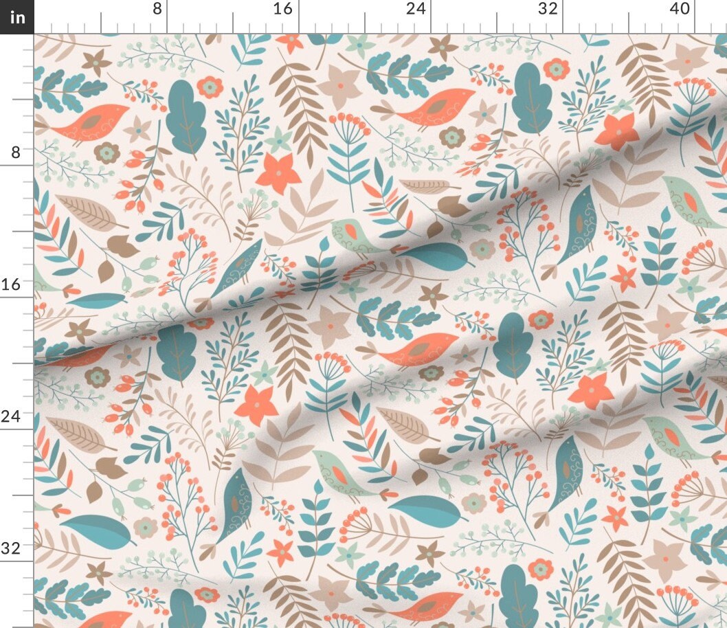 Birds and Flowers Fabric Birds and Flowers by Okpen Birds Etsy