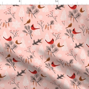 Blush Pink Cardinal Fabric - Snowy Tune In Pink By Chris Jorge - Mod Scandi Woodlan Bird Cotton Fabric By The Yard With Spoonflower