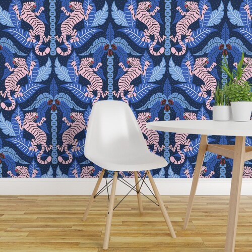 Animalier Wallpaper - Tiger Damask By Vivdesign - Cobalt Blue Pink Jungle Maximalist Removable Self Adhesive Wallpaper Roll by Spoonflower