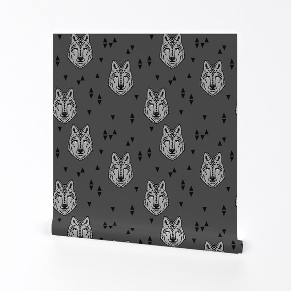 Wolf Wallpaper - Wolf  Charcoal Triangles Animals By Andrea Lauren - Custom Printed Removable Self Adhesive Wallpaper Roll by Spoonflower