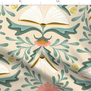 Library Book Fabric - Books Disguised As Flowers by sanne_paul - Pink Coral Damask Reading Fabric by the Yard by Spoonflower