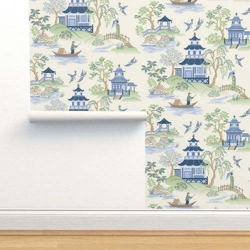 Chinoiserie Wallpaper Pagoda Landscape in Blue by Danika Etsy