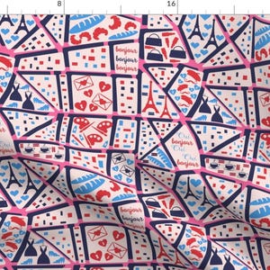 Whimsical Fabric - Pink Paris Map by jasmin_blooms_designs - Paris Eiffel Tower France Map City Map Hearts Fabric by the Yard by Spoonflower