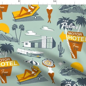 May include: Retro-style fabric with a light teal background featuring illustrations of palm trees, mid-century modern buildings, cars, and people sunbathing. The words "The Palms Motor Hotel" and "Free TV" are also visible.