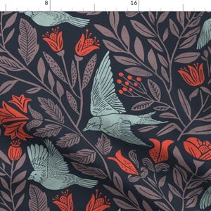 Bird Floral Illustration Fabric - Scandinavian Birds By Jillcookdesigns - Birds Blue And Red Cotton Fabric By The Yard With Spoonflower