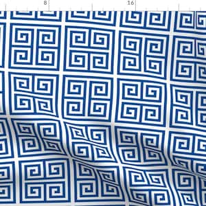 Classic Greek Key Fabric - Greek Keys by zephyrous - Blue White Geometric Spiral Maze Tile Fabric by the Yard by Spoonflower