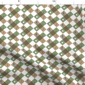 May include: A white background with a repeating pattern of brown, green, and blue golf-themed icons. The icons include golf clubs, golf balls, and golf bags.