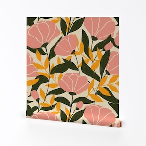 Carta da parati rimovibile rosa con sbucciatura e bastone - Fiori gialli floreali retrò - Decorazione murale - Giardino fiorito di writtenbykristen