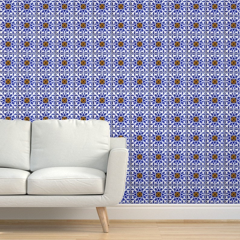 Tile Wallpaper Blue and White Tile by Peacoquettedesigns Etsy